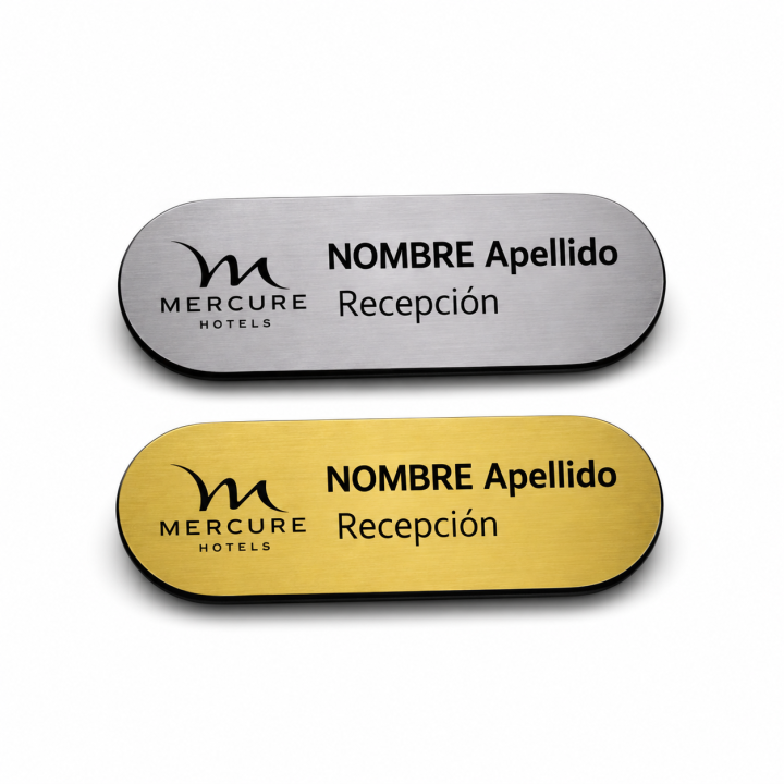 Identificadores magnéticos ovalados en acabado plateado y dorado con grabado láser